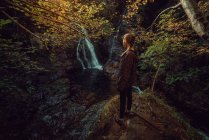 Vista posteriore di una donna in un piccolo fiume e cascata che scorre nel verde scuro bella foresta. — Foto stock