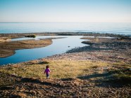 Вид ззаду на невпізнавану дівчину, що йде на берег моря під час заходу сонця — стокове фото