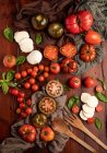 Tomates fraîches et fromage mozzarella aux feuilles de basilic pour salade sur table en bois — Photo de stock