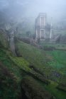 Сверху вид на зеленые руины в густом тумане, Италия — стоковое фото