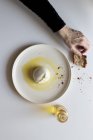 Mão de pessoa anônima segurando pedaço de pão perto com burrata saborosa com óleo sobre fundo branco — Fotografia de Stock
