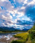 Живописный вид на водную поверхность и берег с каменными шипами и облачным небом в Банфе, Канада — стоковое фото