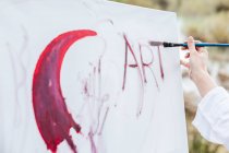 Женщина-художник пишет слово искусство на холсте во время живописи в сельской местности — стоковое фото