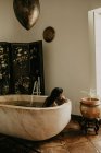 Side view of pretty woman taking bath in a rustic house — Stock Photo