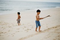 Два афроамериканских брата с палками играют вместе на песчаном берегу у моря — стоковое фото