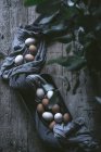 Курячі яйця на скатертині на сільському дерев'яному столі — стокове фото