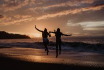 Силуети анонімних друзів, що тримаються за руки і стрибають у бік махаючого моря проти хмарного заходу сонця — стокове фото