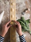 Ein Bündel reifer Sauerampfer und verschiedene Utensilien über Mehl in der Nähe von ungekochten Ravioli und Teig auf dem Küchentisch — Stockfoto