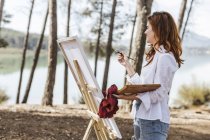 Молода жінка малює в сільській місцевості — стокове фото