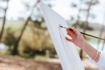 Hand of anonymous woman using paintbrush to draw picture on canvas on blurred background of nature — Stock Photo