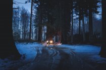 Carro andando ao longo da estrada suja na floresta da noite — Fotografia de Stock