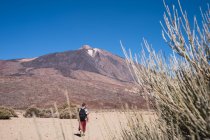 Человек, идущий к вершине горы в испанской пустыне — стоковое фото