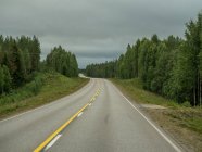 Empty asphalt road through green forest in summer cloudy day in Finland — Stock Photo