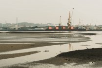 Paisaje industrial con bahía marítima y grúas portuarias - foto de stock