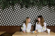Duas senhoras bonitas sorrindo e almoçando saudável no restaurante acolhedor juntos — Fotografia de Stock