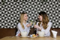 Zwei hübsche Damen lächeln und klimpern beim gemeinsamen Mittagessen in einem gemütlichen Restaurant mit Alkoholcocktails — Stockfoto