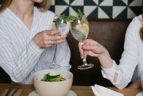 Crop view of anonymous women clinking glasses of alcohol cocktails while having lunch in cozy restaurant together — Stock Photo