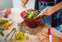 Обрізане зображення жінки в різнокольоровій куртці, що змішує овочі в мисці, готуючи здоровий салат на кухні — стокове фото