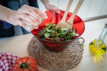 Cropped image of woman in multicolored jacket putting salt on healthy salad in bowl — Stock Photo