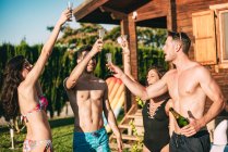 Friends drinking champagne in yard of summerhouse — Stock Photo