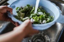 Hände anonymer Kinder waschen frische Kräuter im Sieb unter klarem Wasser, während sie in der Küche Salat zubereiten — Stockfoto
