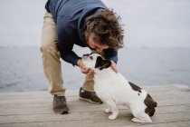 Leal bulldog francés que huele la mano del hombre de la cosecha mientras pasan tiempo en el muelle cerca del mar juntos - foto de stock