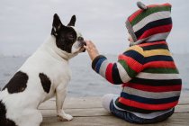 Vista posteriore del bambino irriconoscibile in giacca a righe pattinaggio macchiato Bulldog francese mentre seduto sul molo di legname vicino al mare — Foto stock