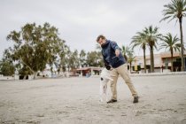 Vista laterale dell'uomo adulto con bastone che gioca con il bulldog francese obbediente mentre trascorre del tempo sulla riva sabbiosa vicino al mare — Foto stock