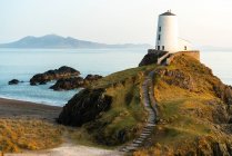 Phare blanc sur une colline rocheuse verdoyante avec des escaliers en pierre sur la côte de la mer en été au coucher du soleil au Pays de Galles — Photo de stock