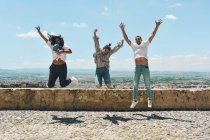 Группа друзей, занимающихся туризмом в Испании и рассматривающих панорамный вид на Альгамбру в Гранаде — стоковое фото