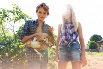 Adolescente chico y chica en camisas a cuadros y pantalones cortos de mezclilla sonriendo y acariciando gallina mientras está de pie cerca de arbustos verdes en el día soleado en la granja - foto de stock