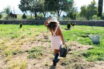 Petite fille en robe et chapeau arrosant petit buisson tout en aidant dans le jardin par une journée ensoleillée à la ferme — Photo de stock