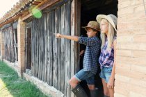 Adolescente chico apuntando a la distancia para hermana mientras de pie en granero entrada juntos en día soleado en granja - foto de stock