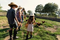 Grand-mère et petits-enfants avec paniers donnant du grain aux poules au pâturage tout en se tenant près de la grange par une journée ensoleillée à la ferme — Photo de stock