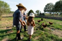 Avó e netos com cestas dando grãos a galinhas de pastagem enquanto estão perto do celeiro no dia ensolarado na fazenda — Fotografia de Stock