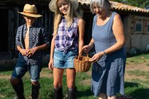 Abuela con cesta en el césped, mientras que de pie cerca de los nietos en el día soleado en el rancho - foto de stock