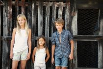 Ragazzo e due ragazze in abiti casual sorridenti e in piedi vicino grungy fienile di legno mentre trascorrono del tempo in fattoria — Foto stock