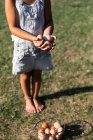 Culture petite fille portant un panier d'œufs dans la ferme — Photo de stock