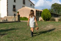 Bambina che porta un cesto di uova in fattoria e guarda la fotocamera — Foto stock