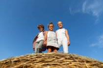 Ragazzo e due ragazze in abiti casual in piedi su rotolo di erba secca contro il cielo blu nella giornata di sole in fattoria — Foto stock