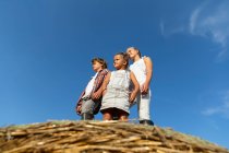 Ragazzo e due ragazze in abiti casual in piedi su rotolo di erba secca contro il cielo blu nella giornata di sole in fattoria — Foto stock