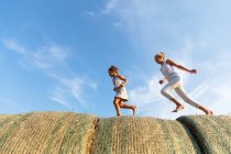Вид збоку трьох дітей, що біжать на соломі разом проти похмурого блакитного неба в сільськогосподарському полі — стокове фото