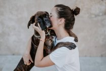 Vista lateral de mujer atractiva y perro boxeador con cara amable disfrutando y abrazando - foto de stock