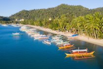 Мальовничий вид на тропічний пляж з причаленими човнами на фоні джунглів — стокове фото