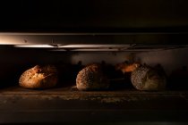 Panes de delicioso pan con corteza crujiente en horno caliente - foto de stock
