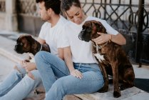 Young people smiling and sitting bonding with cute serious boxer dogs outside — Stock Photo