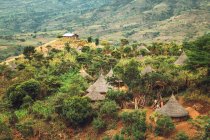 Vue des petites cabanes de chaume du village tribal dans la vallée verte de l'Ethiopie — Photo de stock