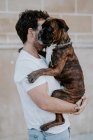 Seitenansicht eines entzückenden, nachdenklichen Boxerhundes in den Händen eines fürsorglichen Bonding-Besitzers — Stockfoto