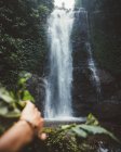 Hand of man discovering picturesque waterfall on high cliff in green tropical woods, Bali — Stock Photo