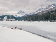 Persona irreconocible parada en la nieve rodeada de bosques y montañas - foto de stock